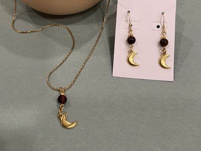 Gold Half Moon Pendant Necklace and Earrings