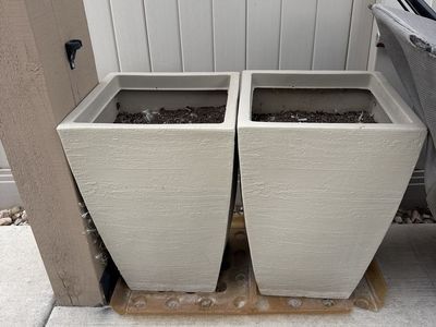 2 Modern Outdoor Planters, Square Tapered Design, Beige/Light Tan, Used