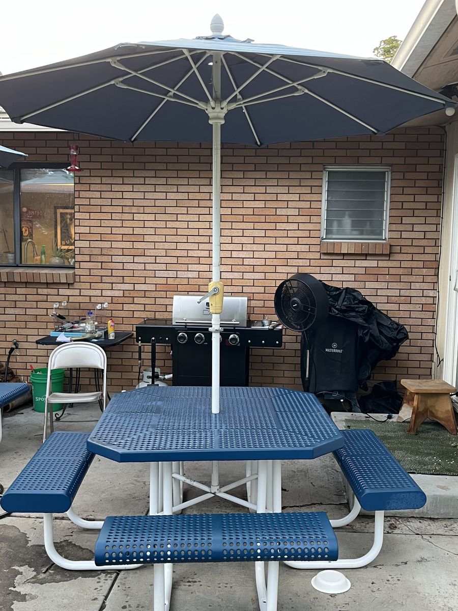 Sturdy Blue 46-inch Picnic Table with blue Umbrella