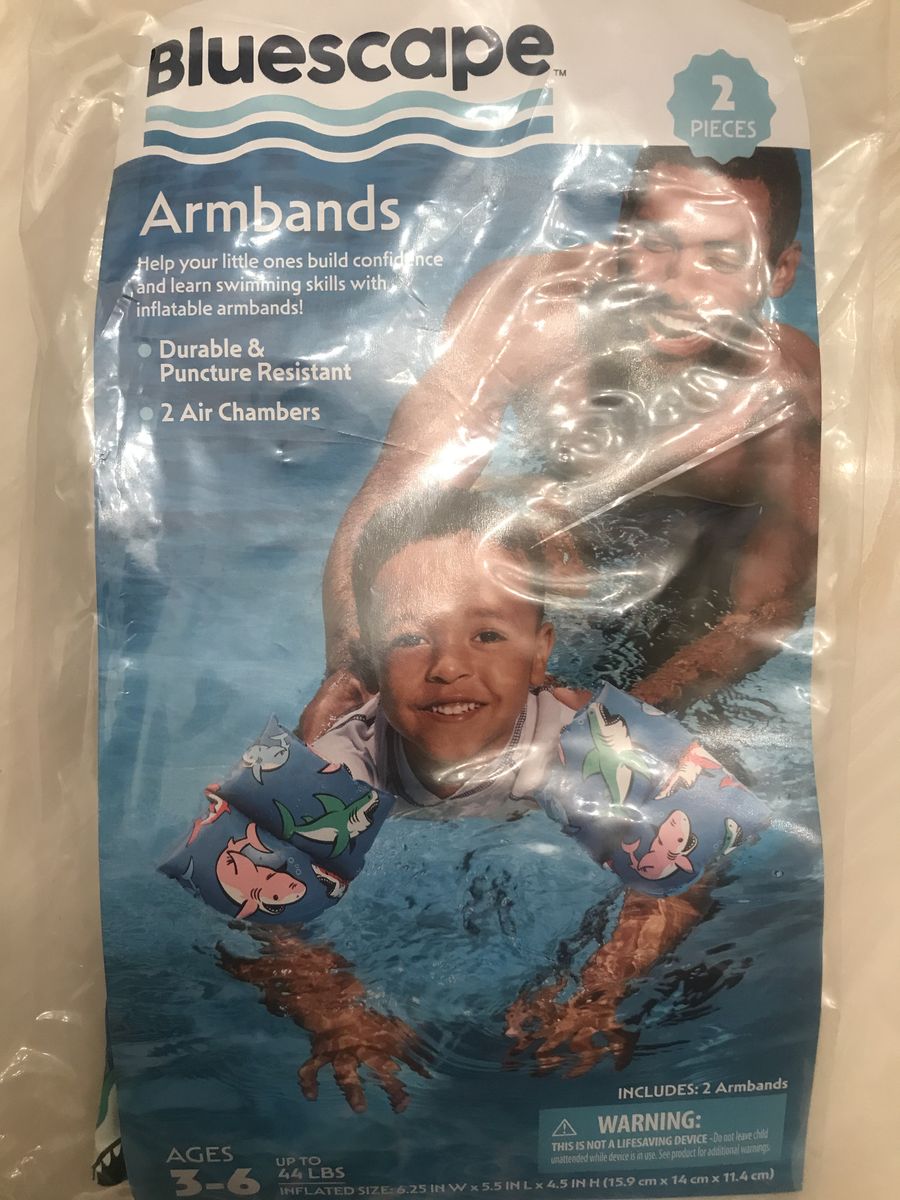  Inflatable Armbands Ages 3-6 up to 44 lbs Swimming Aid Sharks Shark float device 2 armbands