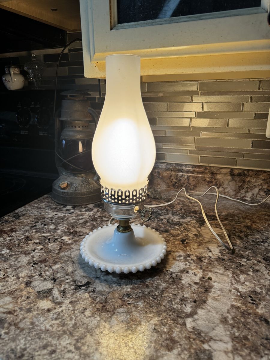 Vintage Milk Glass Hurricane Lamp with Beaded Edge Base, Working Electric Table Lamp