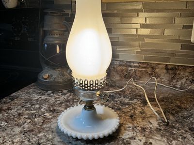 Vintage Milk Glass Hurricane Lamp with Beaded Edge Base, Working Electric Table Lamp