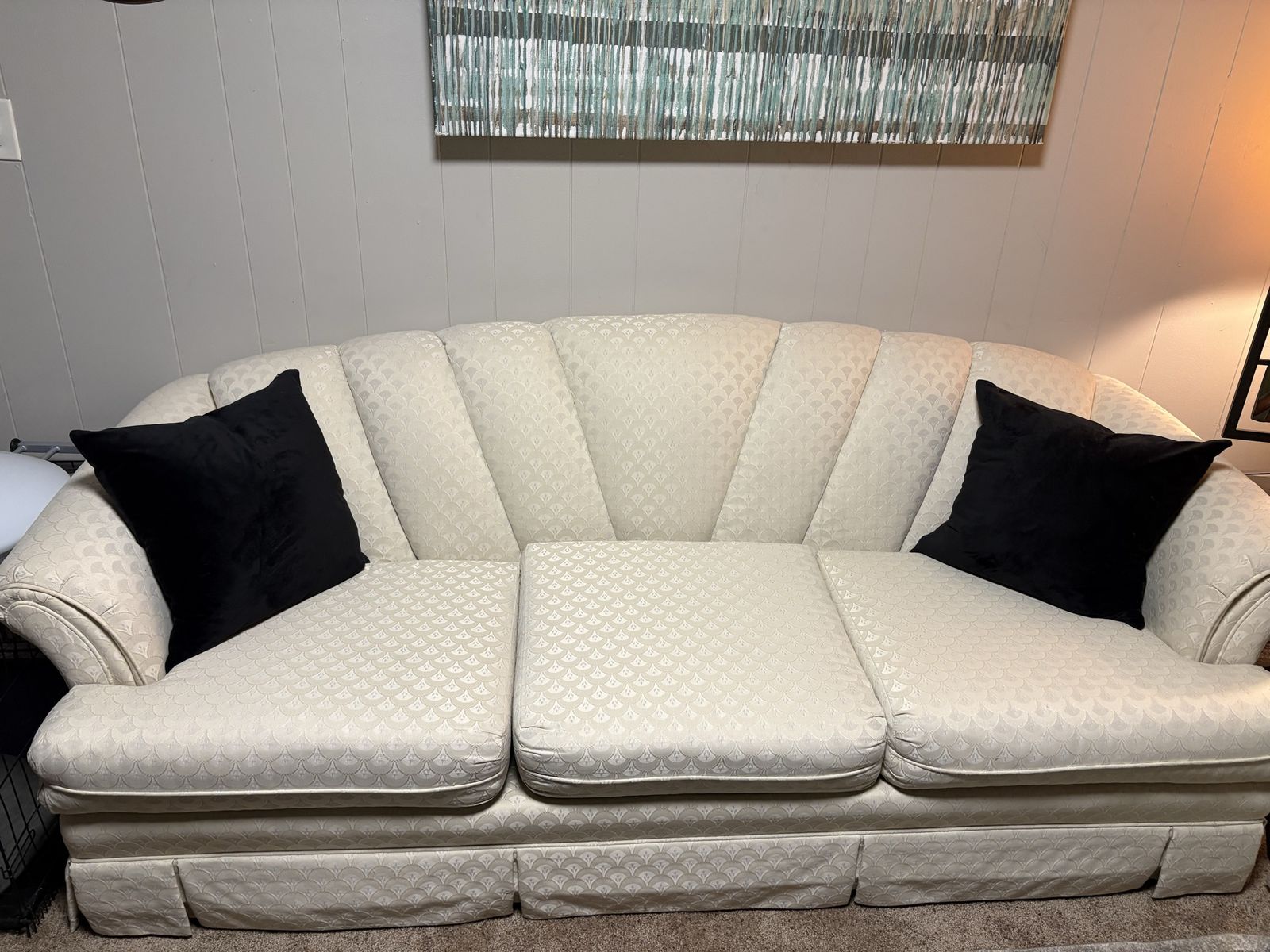Elegant Cream Upholstered couch and loveseat Scalloped Back, Classic Style