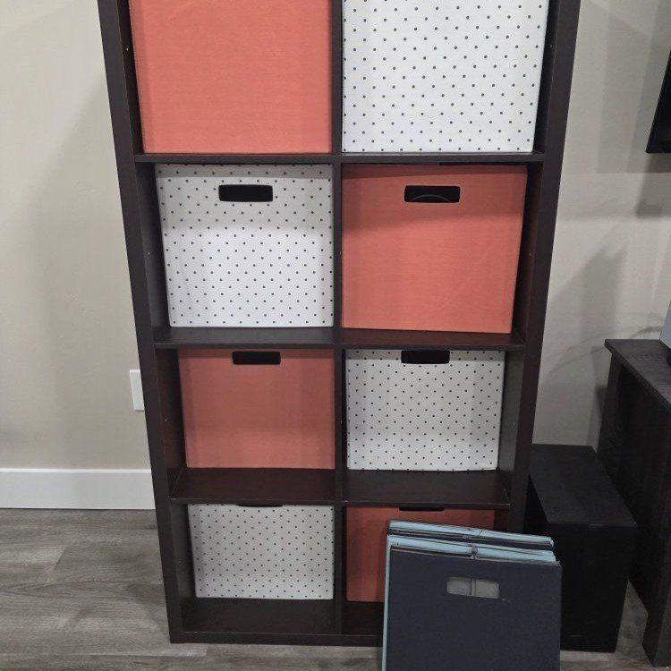 Dark Brown 8-Cube Storage Organizer Shelf with Coral & Polka Dot Fabric Bins