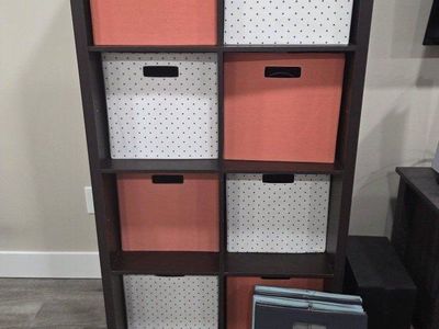 Dark Brown 8-Cube Storage Organizer Shelf with Coral & Polka Dot Fabric Bins