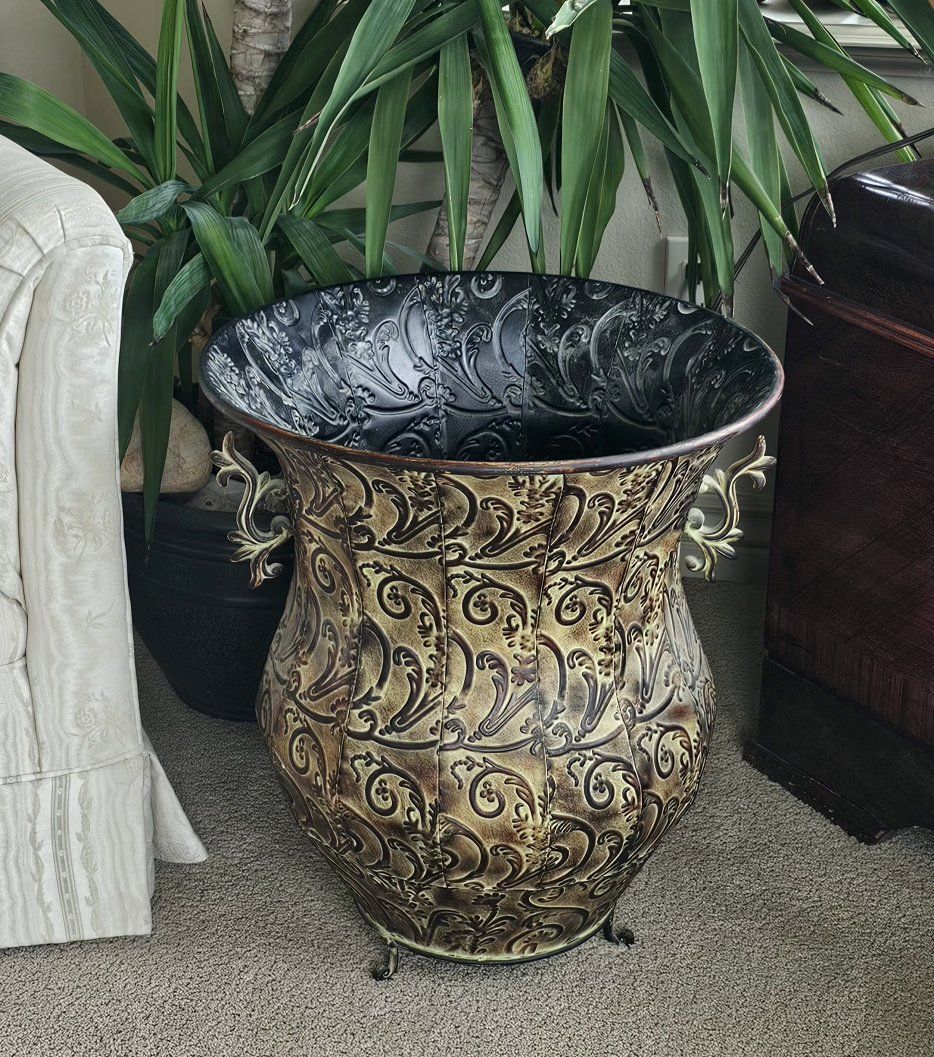 Vintage Style Embossed Metal Urn Planter Pot - Decorative Scroll Design, Bronze/Black 20"Tx17.5"W