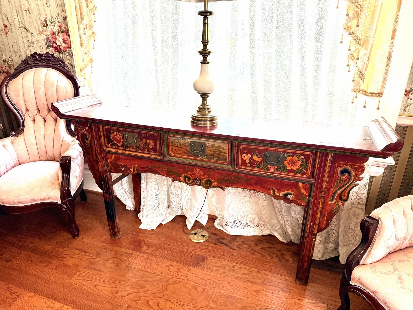 Antique Red Lacquered Chinese Console Table with Hand-Painted Floral Motifs & Three Drawers