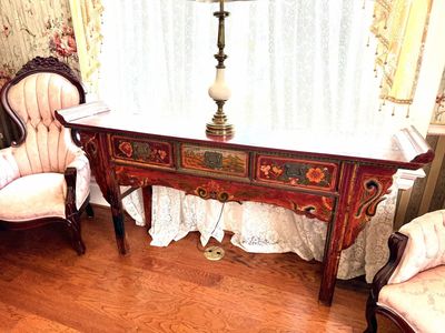 Antique Red Lacquered Chinese Console Table with Hand-Painted Floral Motifs & Three Drawers