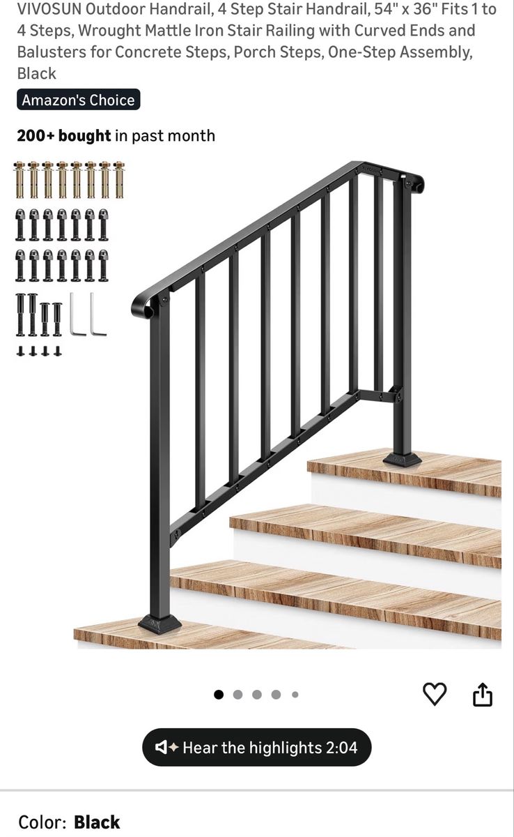 VIVOSUN Outdoor Wrought Iron Handrail, 4-Step Stair Railing, 54"x36" Black, Curved Ends, Easy Assembly