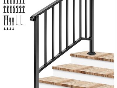 VIVOSUN Outdoor Wrought Iron Handrail, 4-Step Stair Railing, 54"x36" Black, Curved Ends, Easy Assembly