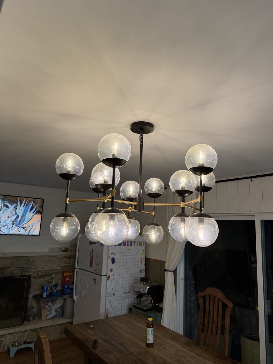 Modern Sputnik Chandelier, Black & Gold, Clear Glass Globes, 12-Light, Mid-Century Style