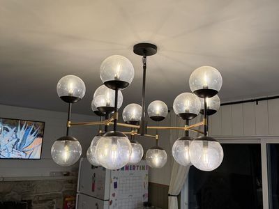 Modern Sputnik Chandelier, Black & Gold, Clear Glass Globes, 12-Light, Mid-Century Style