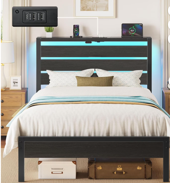 Twin LED Bed Frame with Charging Station, Storage Headboard, Black Metal Platform Bed, Under Bed Storage, No Box Spring Needed,