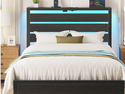 Twin LED Bed Frame with Charging Station, Storage Headboard, Black Metal Platform Bed, Under Bed Storage, No Box Spring Needed,