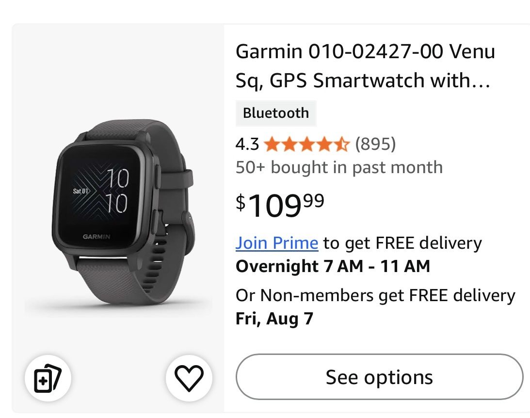 Garmin Venu Sq GPS Smartwatch Shadow Gray with Charging Cable & Box