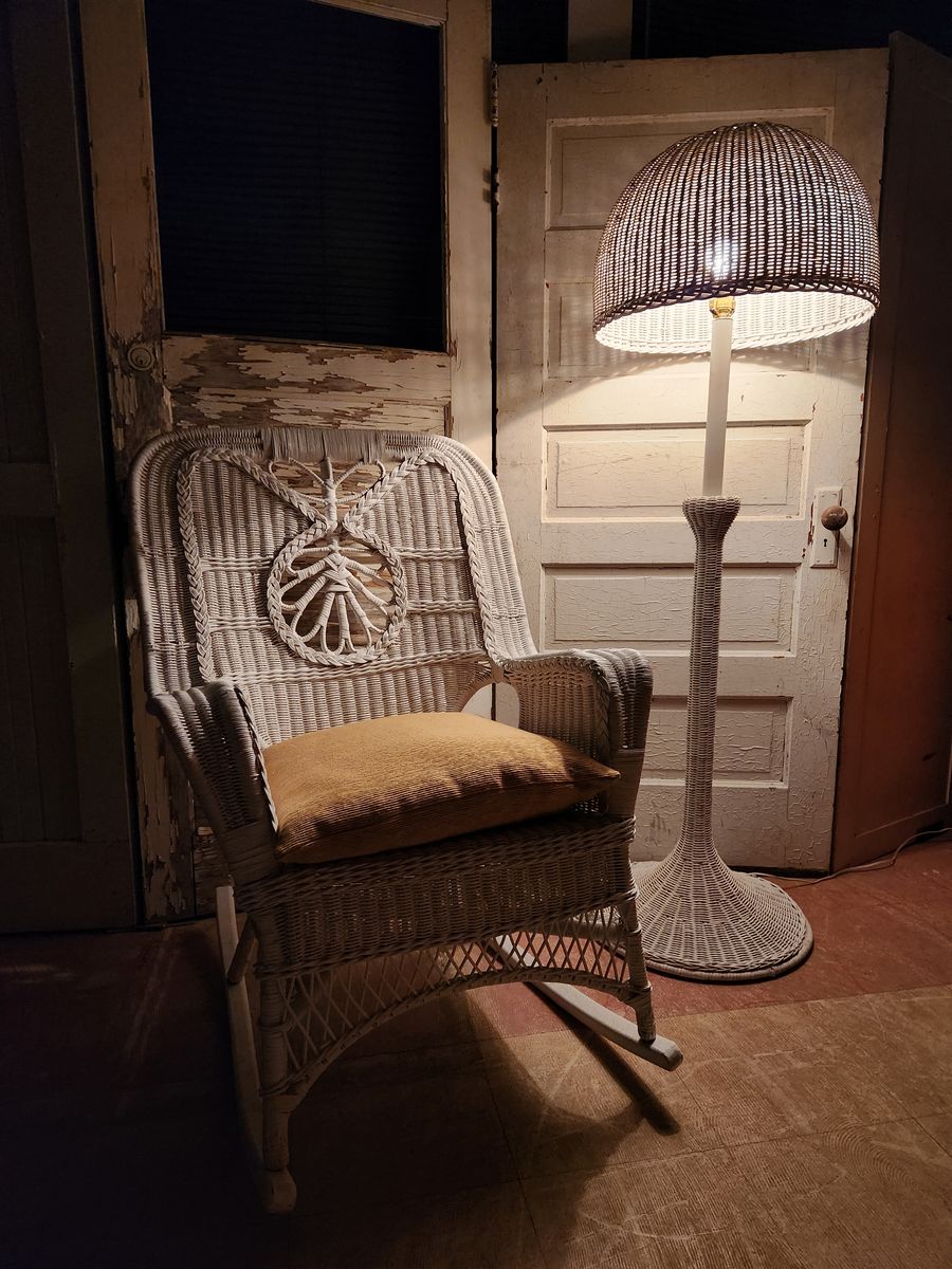 Antique White Wicker Rocking Chair and Matching Floorlamp
