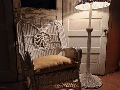 Antique White Wicker Rocking Chair and Matching Floorlamp