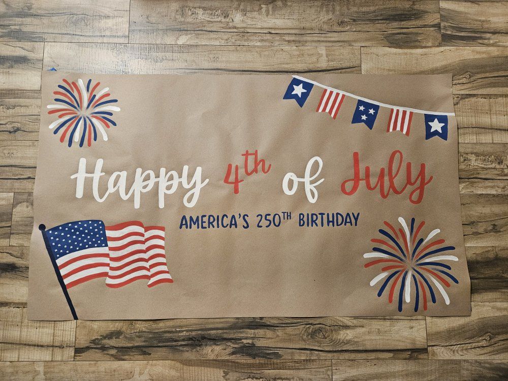 Happy 4th of July America's 250th Birthday Party Decoration Banner Sign Flag Fireworks hand painted
