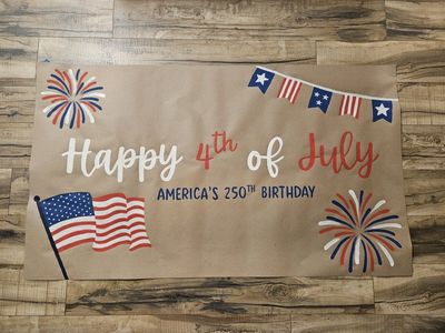 Happy 4th of July America's 250th Birthday Party Decoration Banner Sign Flag Fireworks hand painted