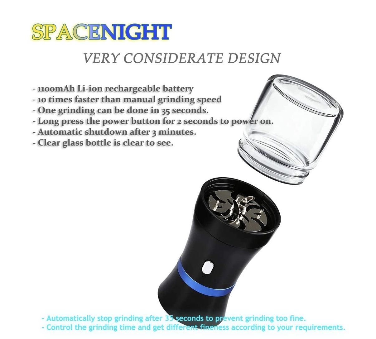 SPACENIGHT Electric Herb Grinder - Rechargeable Battery, Clear Glass Jar