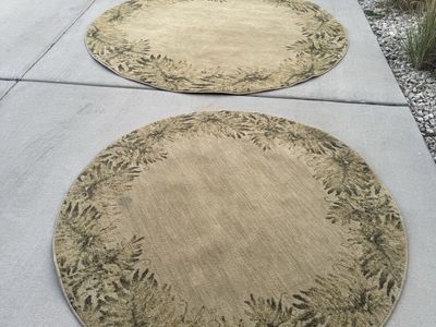 Pair of Round Tan/Green Leaf Pattern Area Rugs - Great for Living Rooms & Bedrooms