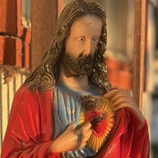 vintage sacred heart of jesus statue, hand-painted, heavy concrete (or whatever it is)