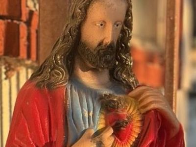vintage sacred heart of jesus statue, hand-painted, heavy concrete (or whatever it is)
