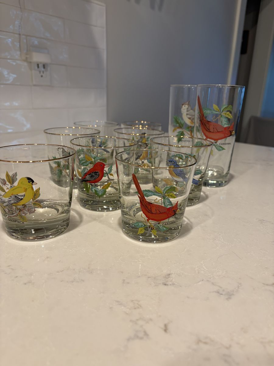 Vintage water glasses with songbirds