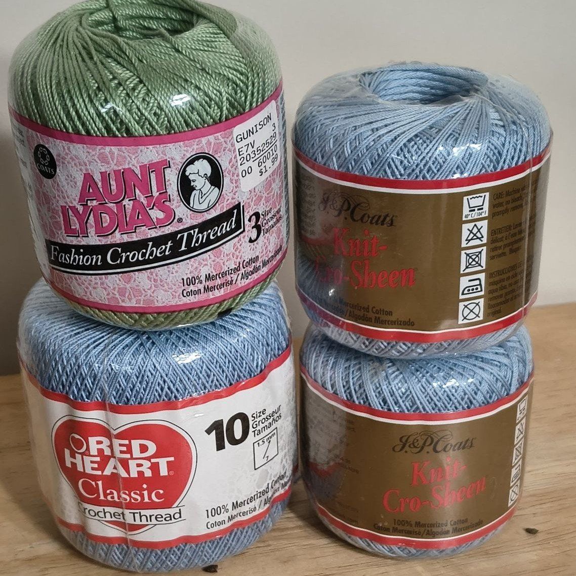 Lot of 4 Crochet Thread Skeins: Aunt Lydia's (Green sz 3) Red Heart and J&P Coats (blue sz 10)
