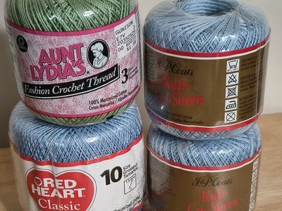 Lot of 4 Crochet Thread Skeins: Aunt Lydia's (Green sz 3) Red Heart and J&P Coats (blue sz 10)