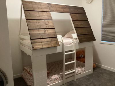 Custom Built House Frame Bunk Bed - Twin Size, White with Wood Roof