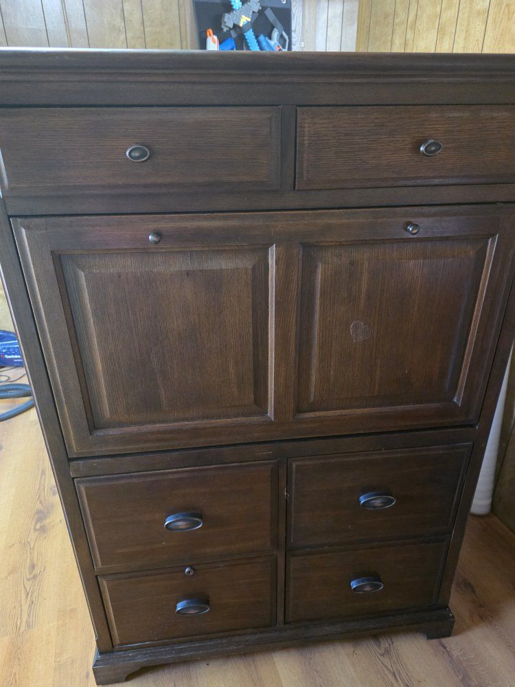 Dark Wood Storage Cabinet/Desk with File Drawer and Adjustable Shelves