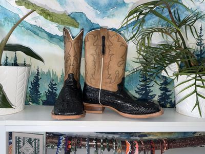 Alfa Black Gator-Print & Tan Square Toe Boots