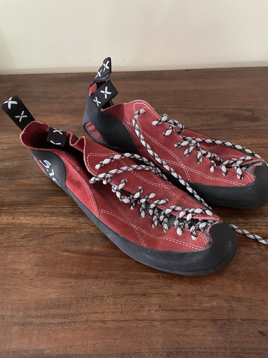5.10 rock climbing shoes (size 11 1/2) and chalk bag