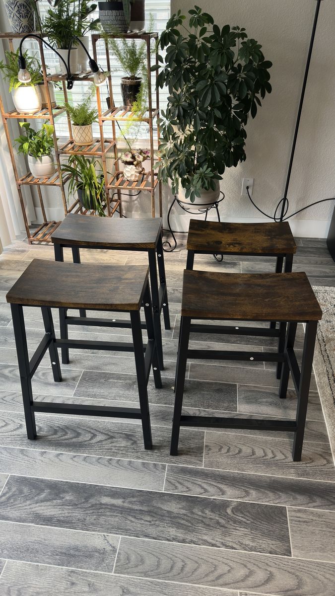 4 Dark Wood and Metal Bar Stools
