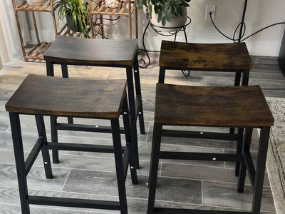 4 Dark Wood and Metal Bar Stools