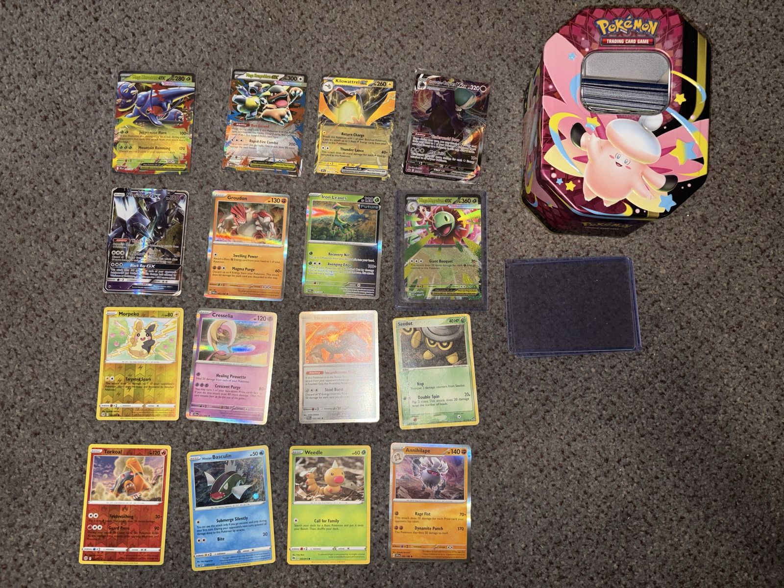 Pokemon Trading Card Game Lot - Holos, VMAX, GX Cards + Tin - Good Condition
