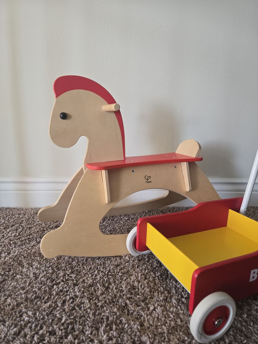 Hape Wooden Rocking Horse AND Brio Red & Yellow Montessory Push-along Walker Wagon Toy Set