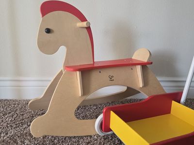 Hape Wooden Rocking Horse AND Brio Red & Yellow Montessory Push-along Walker Wagon Toy Set