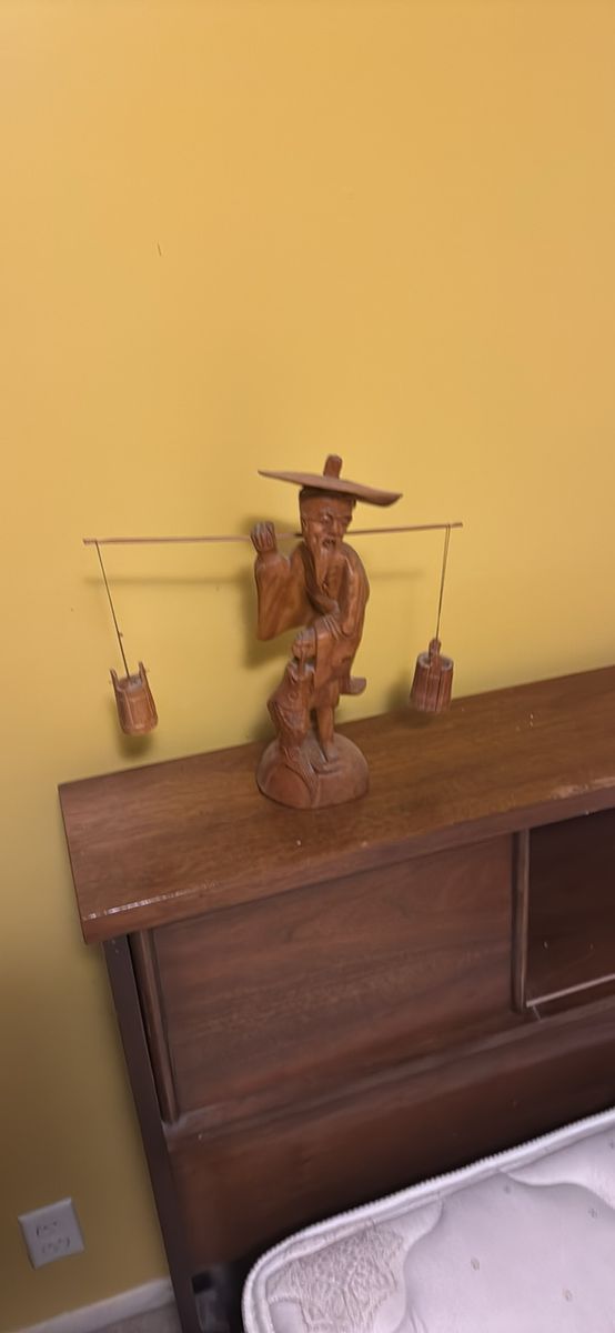 Vintage Hand-Carved Wooden Asian Fisherman Figurine with Water Buckets