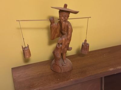 Vintage Hand-Carved Wooden Asian Fisherman Figurine with Water Buckets