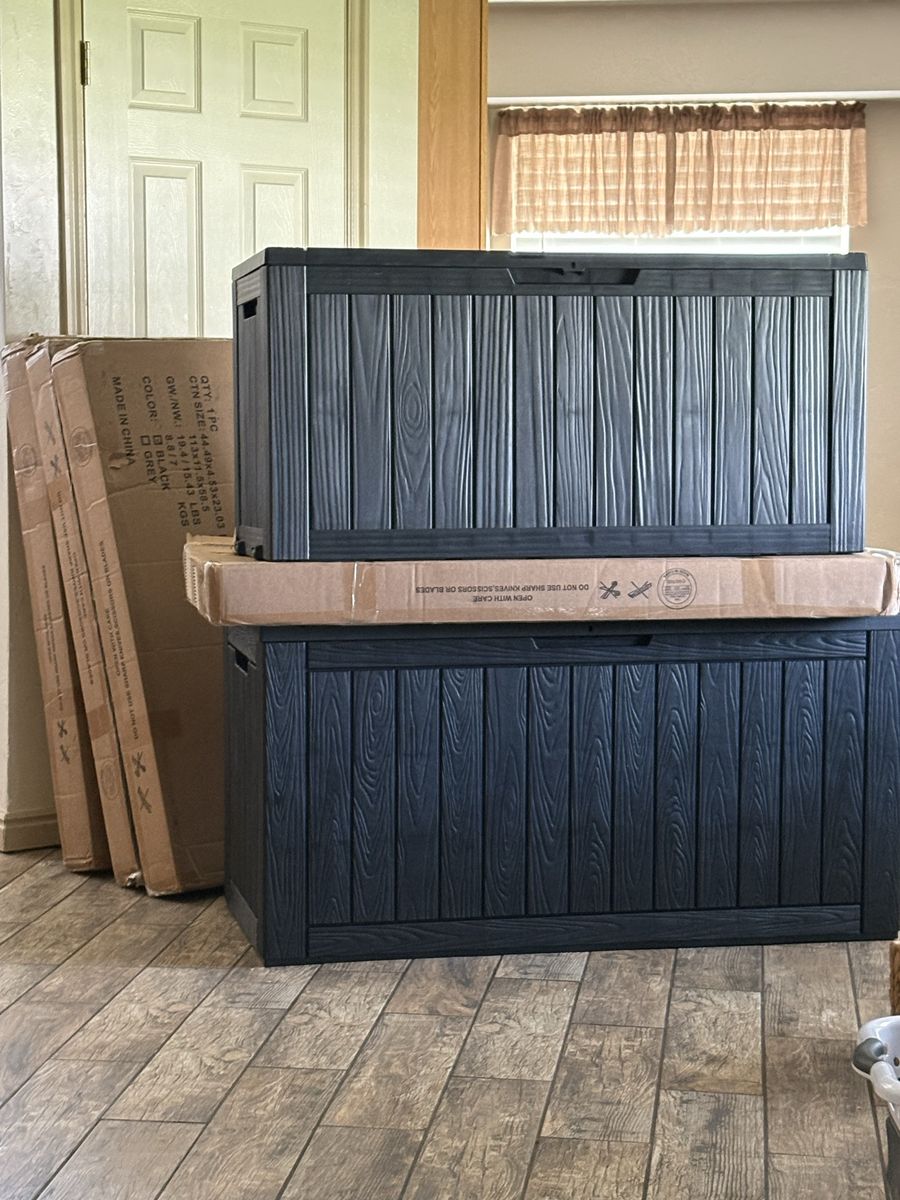 Large Outdoor Storage Deck Box, Dark Grey, Wood-Look Resin, Weather-Resistant