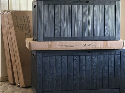 Large Outdoor Storage Deck Box, Dark Grey, Wood-Look Resin, Weather-Resistant