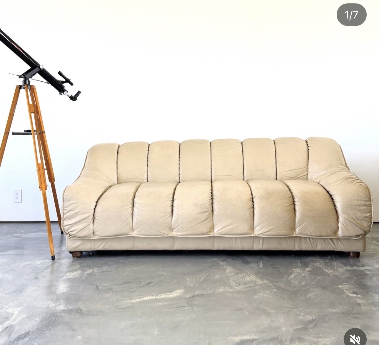 Vintage Mid-Century Modern Leather Sofa, Cream/Tan, Tufted Cushion Design