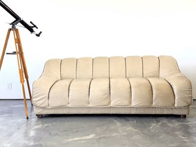 Vintage Mid-Century Modern Leather Sofa, Cream/Tan, Tufted Cushion Design