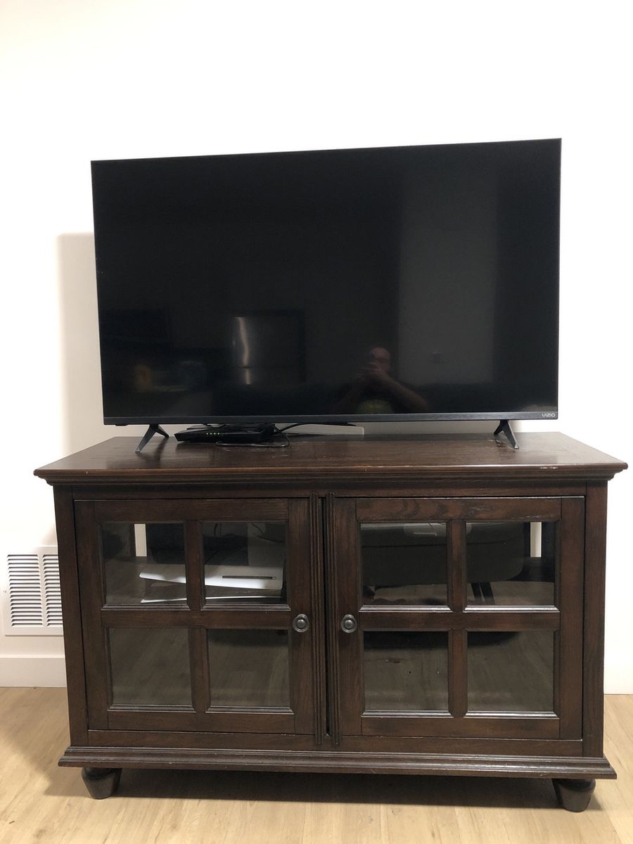 Dark Wood TV Stand Console with Glass Cabinet Doors (53" W)