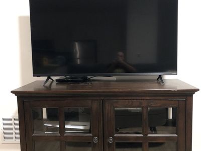 Dark Wood TV Stand Console with Glass Cabinet Doors (53" W)