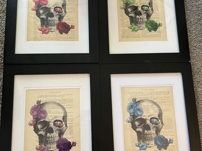Set of 4 skull art prints framed