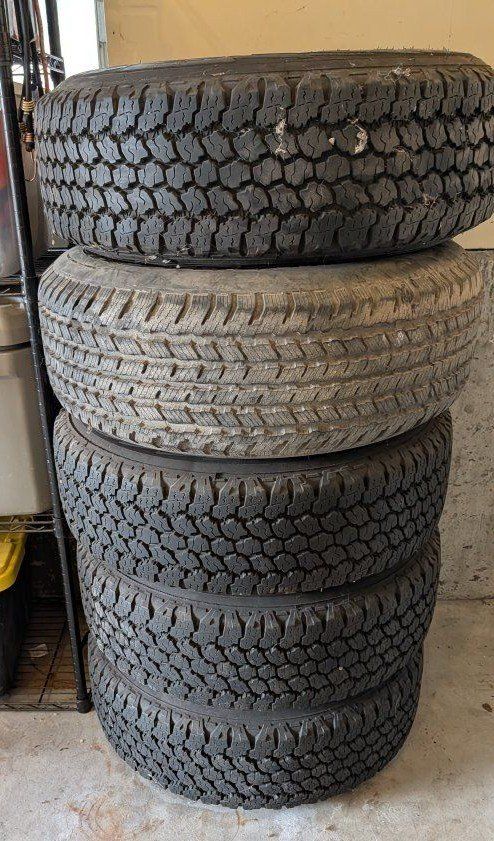 5 Stock Lexus LX450 OEM Wheels & 4 Goodyear Wrangler Kevlar 31.6" Tires on Wheels. Includes Spare.