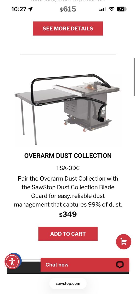 Sawstop Overarm dust collection